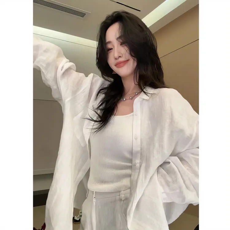 白色防晒衬衫外套女法式夏季薄款外搭衬衣宽松慵懒风气质长袖衬衫