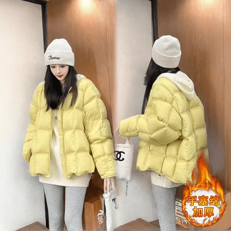 INS CEC2025秋冬韩版洋气纯色高级感圆领棉服女时尚加厚保暖外套