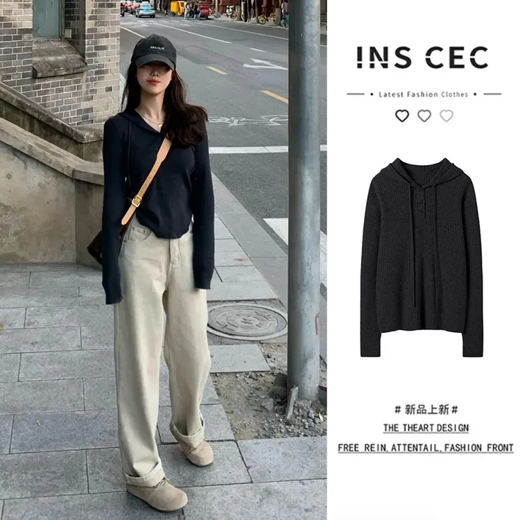 INS CEC早秋新款韩系长袖连帽针织衫上衣高腰显瘦阔腿牛仔裤套装