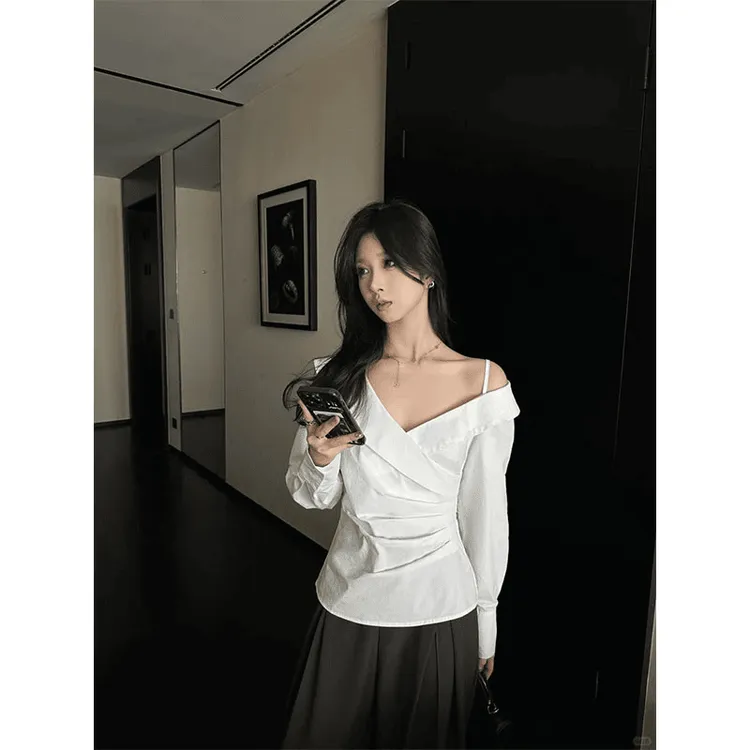 INS CEC2025春季新款法式温柔气质长袖衬衫上衣白色辣妹显瘦穿搭