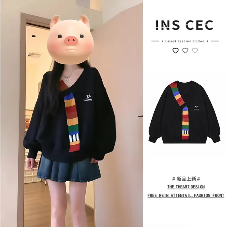 INS CEC黑色复古彩虹织带拼接毛衣女早秋季慵懒风宽松黑色针织衫