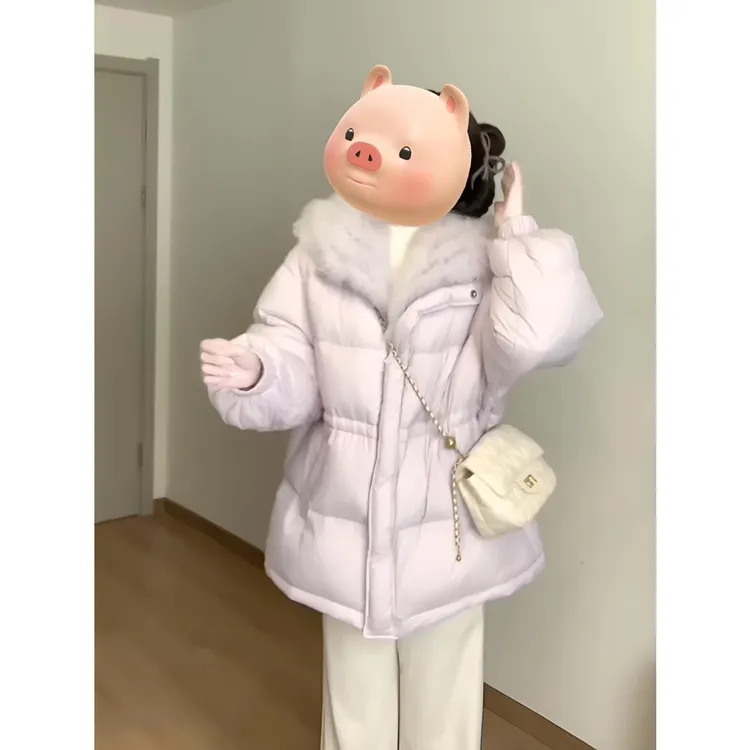 INS CEC冬季韩系穿搭减龄紫色毛领棉服高级感超好看加厚保暖外套