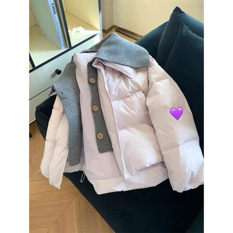 INS CEC淡紫色假两件拼接翻领棉服外套女秋冬保暖面包服宽松棉衣