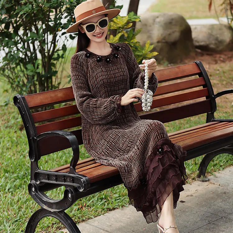 拜占庭的森林真丝绒拼接桑蚕丝连衣裙时尚百搭高级感轻奢度假长裙