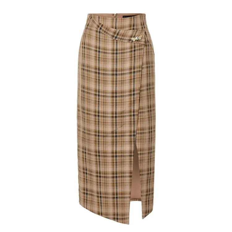 复古格纹侧开衩解构半身裙秋季温柔风裙子