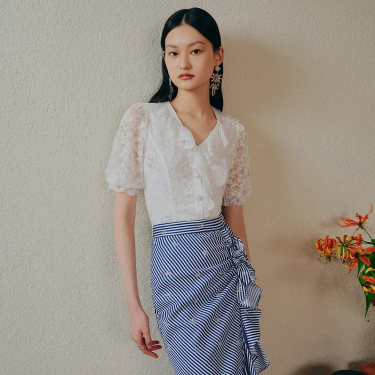 MAXRIENY海军风蕾丝雪纺衫夏季精致浪漫氛围感上衣女气质高腰时尚