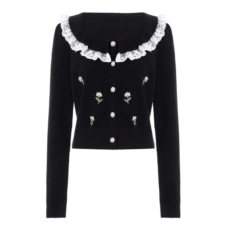 MAXRIENY复古学院风套头针织23冬季秋冬黑色短款气质修身上衣女