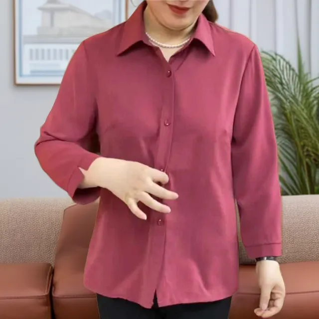 春夏大码时尚百搭纯色小方领薄款衬衫女士长袖衬衣宽松上衣妈妈装