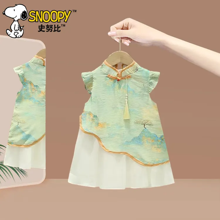 Snoopy/史努比女童夏季新中式连衣裙旗袍 清新古风国潮小清新裙子