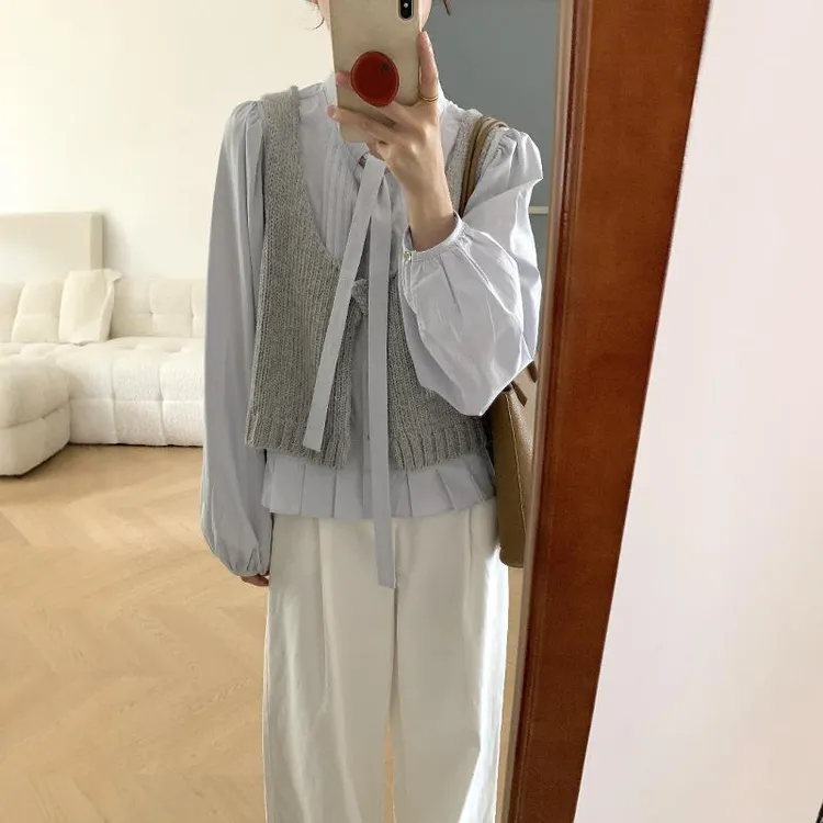日系甜美减龄小个子泡泡袖衬衫叠穿针织背心ins秋季上衣两件套女