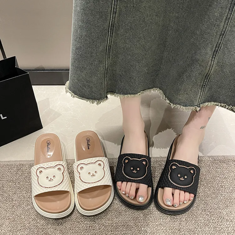 厚底小熊拖鞋可爱少女心2024年夏季韩版室外穿软底一字高跟拖鞋女