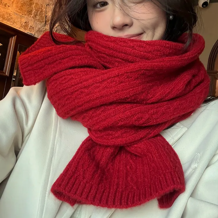 RGNAT羊毛毛线针织女士冬季韩系复古简约百搭情侣围脖圣诞节围巾