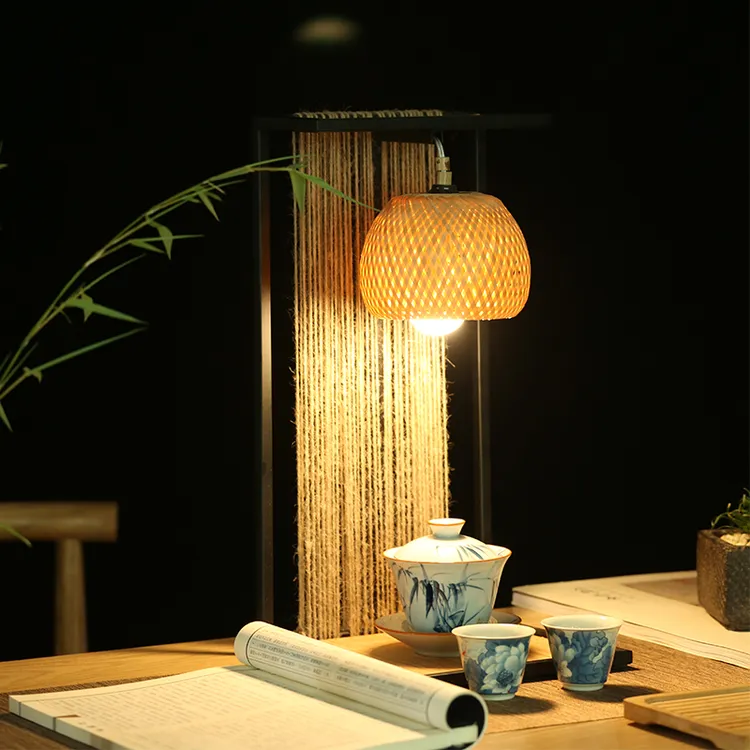 新中式手工竹编台灯编织插电书房灯卧室灯台灯灯具茶宠打光三色灯
