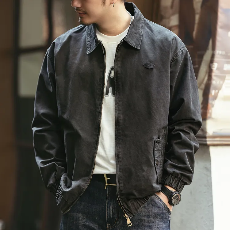 VUAS美式斜纹帆布水洗翻领教练夹克男春秋新款宽松猎装痞帅外套