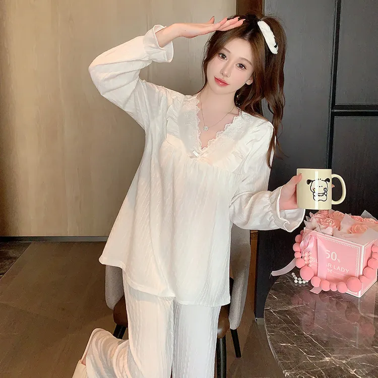 长袖睡衣女款春秋季提花棉2025新款带胸垫一体公主v领白色两件套