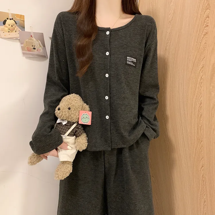长袖睡衣女款春秋冬季加厚德绒网红高级感韩系简约深灰开衫套装