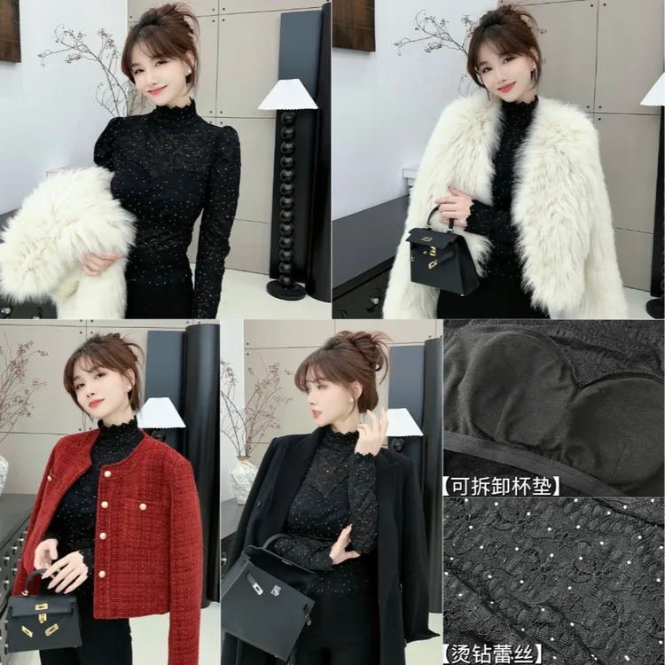 【新年限定】《氛围轻奢》二合一立领烫钻蕾丝上衣（衣长50）D21#8096#