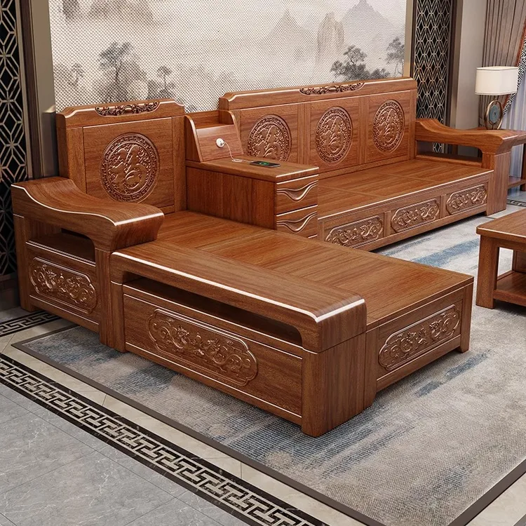 新中式胡桃木沙发家用实木雕花客厅小户型组合冬夏两用储物成套