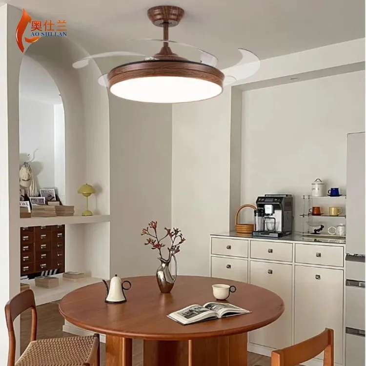 中古风隐形风扇灯复古新中式餐厅卧室吊扇灯书房核桃木纹色客厅灯