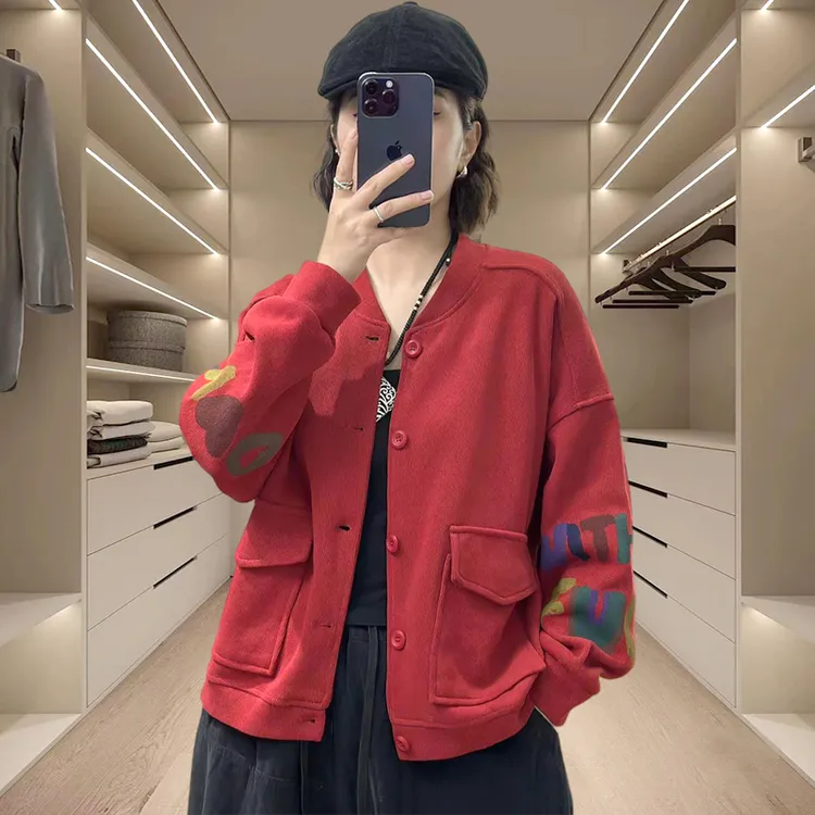 秋季小众时尚红色插肩袖上衣女装2025新款洋气时尚立领棒球服外套