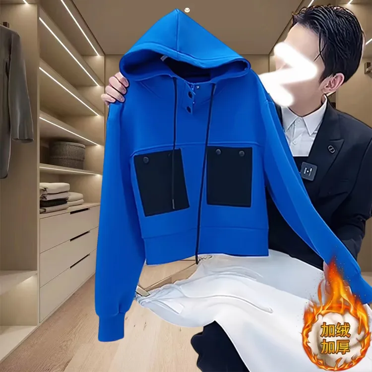 秋冬蓝色加绒加厚款连帽长袖卫衣女士服装洋气潮牌高级感套头上衣