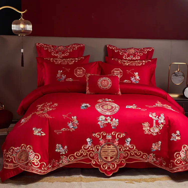 水星新家纺高档中式百子图刺绣婚庆四件套红色龙凤被套床单款喜被