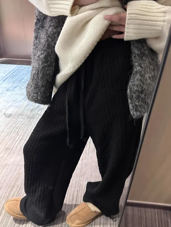 2024秋冬新款高腰显瘦两穿阔腿裤女宽松休闲条纹加厚保暖阔腿卫裤