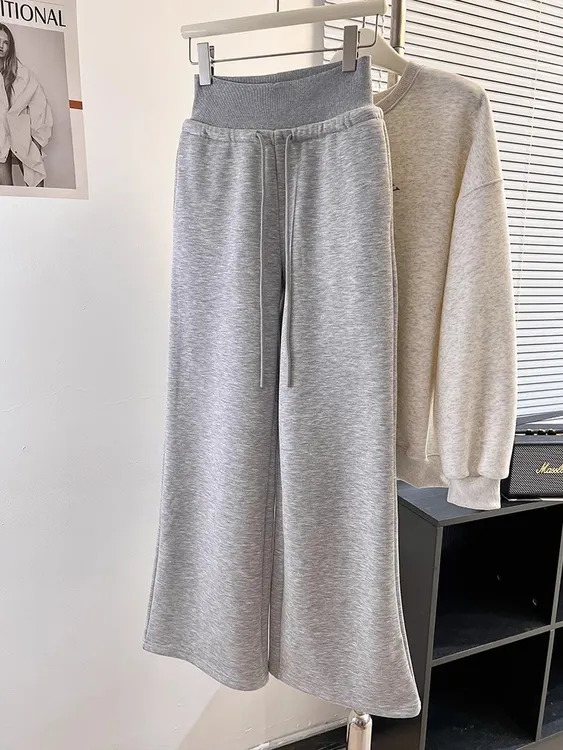 浅灰色直筒阔腿宽松休闲长裤女秋冬新款高腰显瘦垂感拖地运动卫裤
