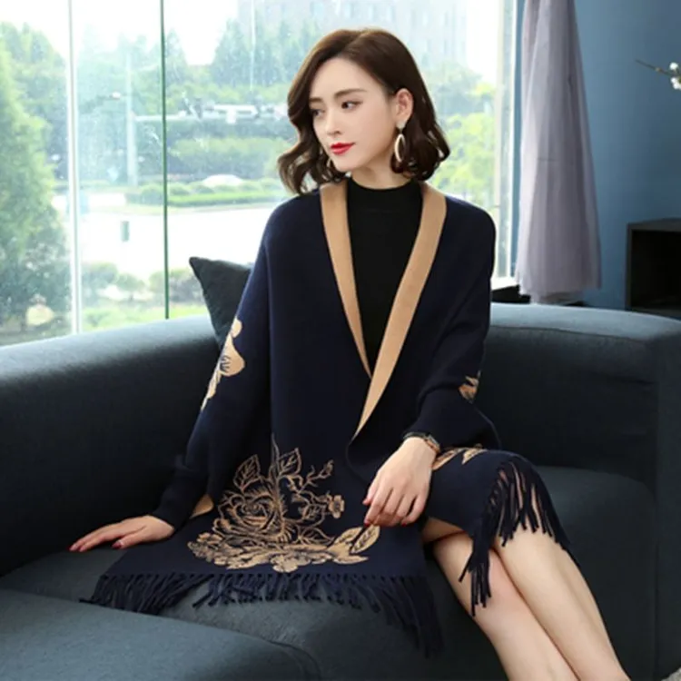 袖子披肩女秋冬季羊绒提花加厚保暖斗篷式双面穿披风外套围巾两用