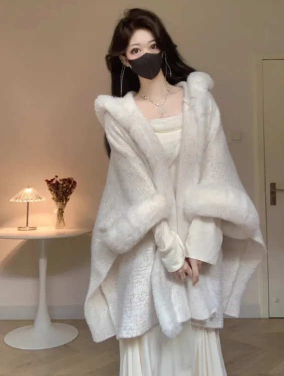 兔毛领披肩加绒保暖外套女秋冬季双面绒时尚气质纯色简约斗篷披肩