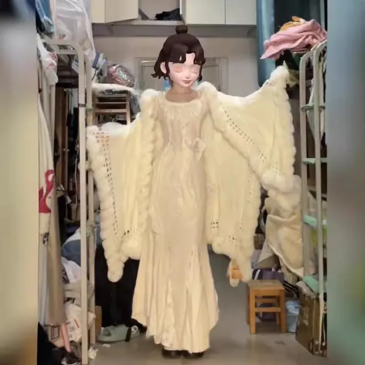 慵懒麻花针织环保毛毛球披肩外套秋冬2025新款斗篷披肩毛衣外套女