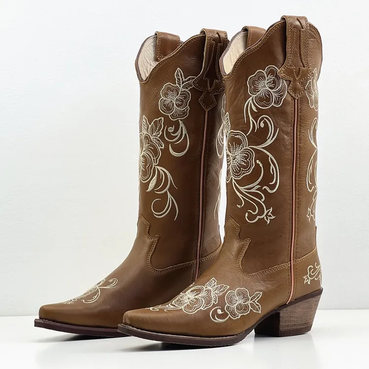 新品尖头全皮西部牛仔靴骑士马靴女靴时尚刺绣民族风
