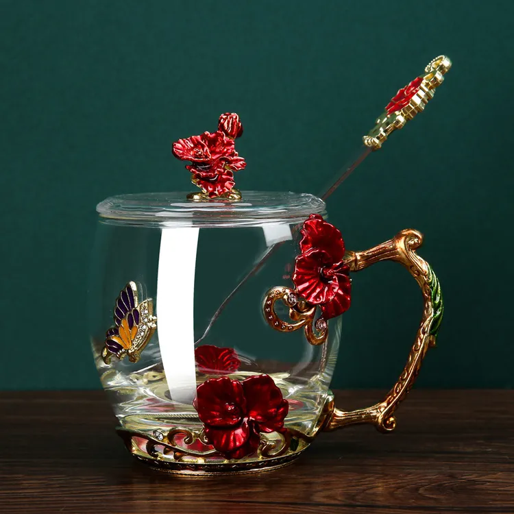 高档珐琅彩水杯家用客厅创意轻奢咖啡杯时尚玻璃杯早餐牛奶杯套装