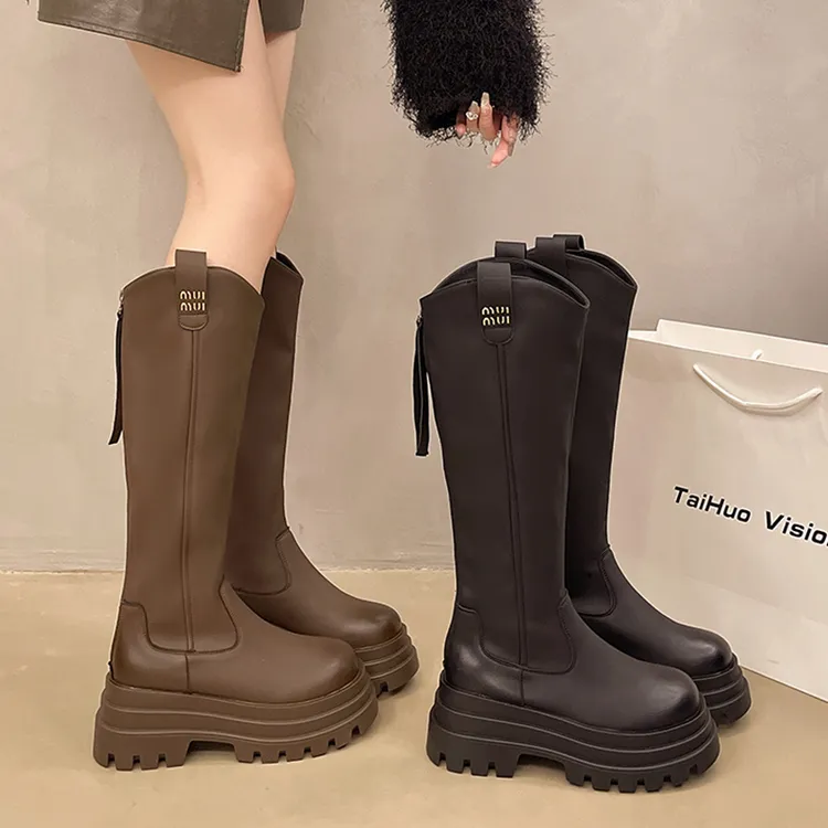 长筒靴女2025秋冬新款英伦风不过膝小个子厚底v口高筒靴骑士长靴