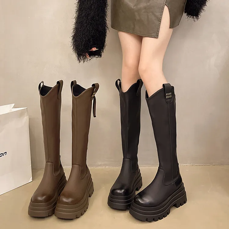 厚底长筒靴子女2025新款秋冬季显瘦高筒靴v口不过膝小个子骑士靴,