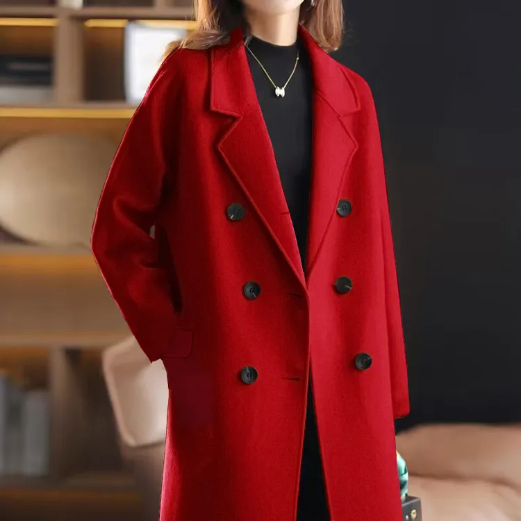 正肩红色毛呢大衣加大码200斤呢子外套女中长款胖MM双排扣春秋款