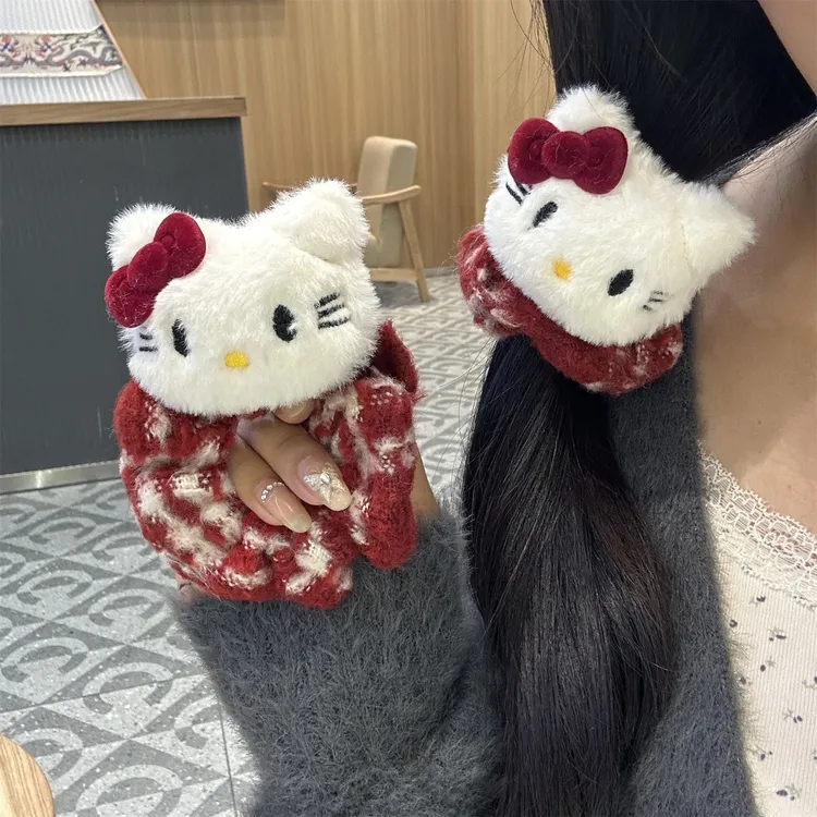 秋冬毛绒KT猫大肠发圈甜美安可拉红猫咪头绳秋冬百搭卡通马尾发绳