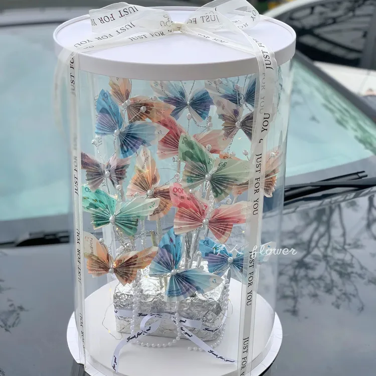 情人节鲜花永生花加高透明圆形方形礼盒零食蝴蝶花抱抱桶蛋糕盒