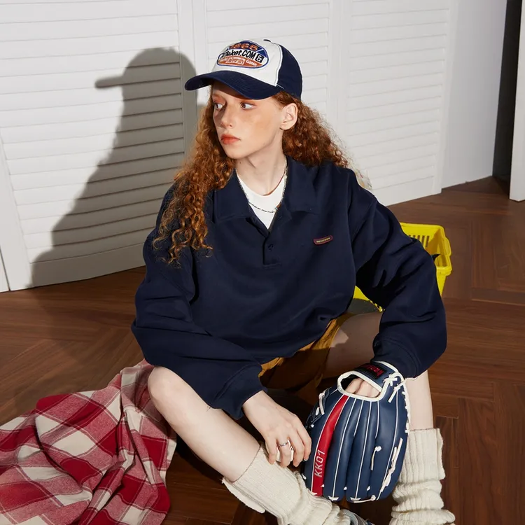 BEETLE TOWN简约休闲POLO领百搭卫衣秋美式长袖翻领宽松上衣潮