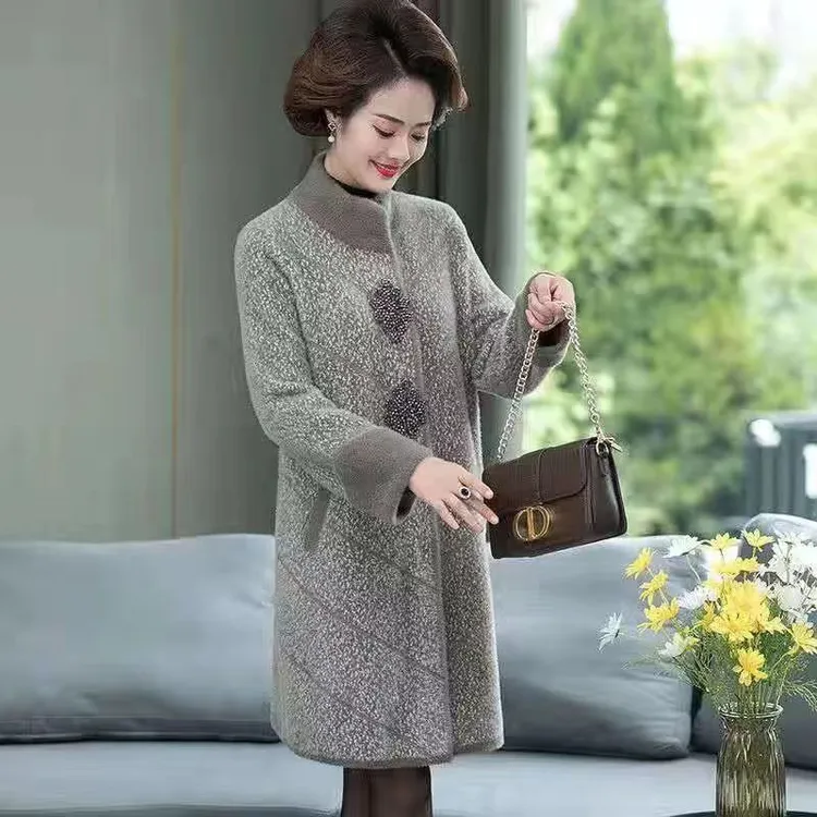 高贵气质妈妈装仿水貂毛外套中长款中老年人时尚女装大码宽松大衣