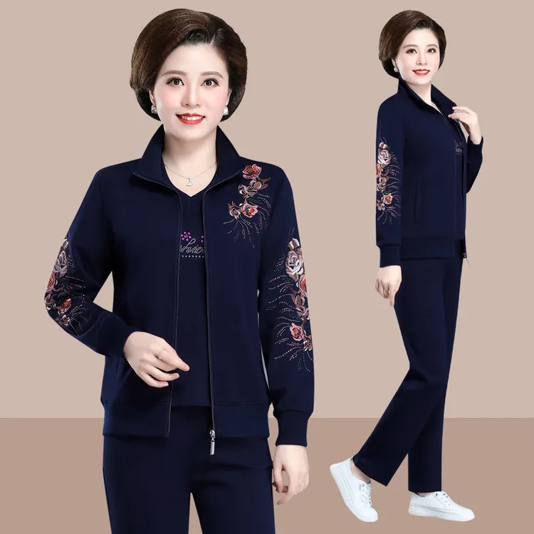 中老年人运动套装女春秋套运动服中年妈妈秋装外套休闲锻炼三件套