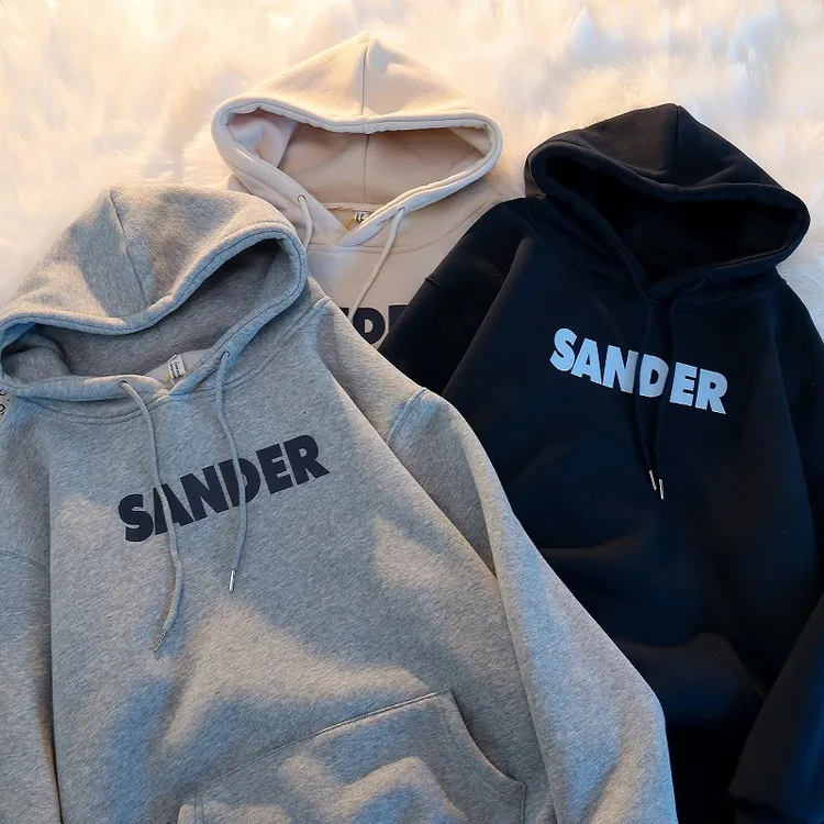 2025年新款春秋薄款灰色字母连帽卫衣女加绒加厚宽松上衣秋冬外套