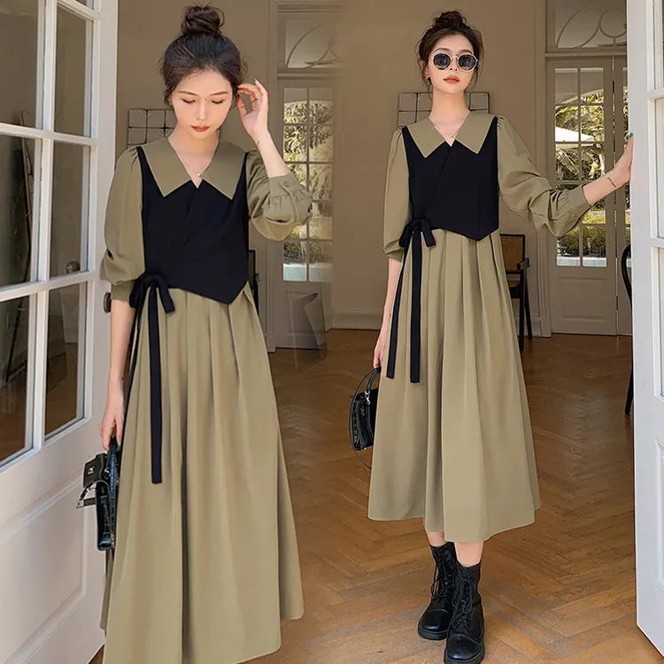 法式复古长袖假两件哺乳连衣裙春秋气质减龄辣妈显瘦赫本风茶歇裙