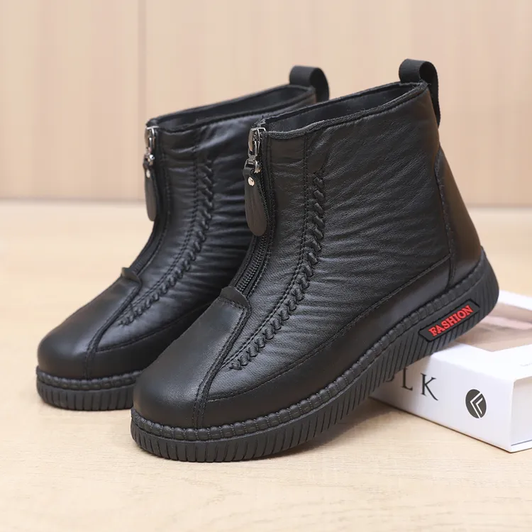 老北京棉鞋女冬加绒保暖棉靴子防水防滑妈妈鞋软底加厚雪地靴皮面