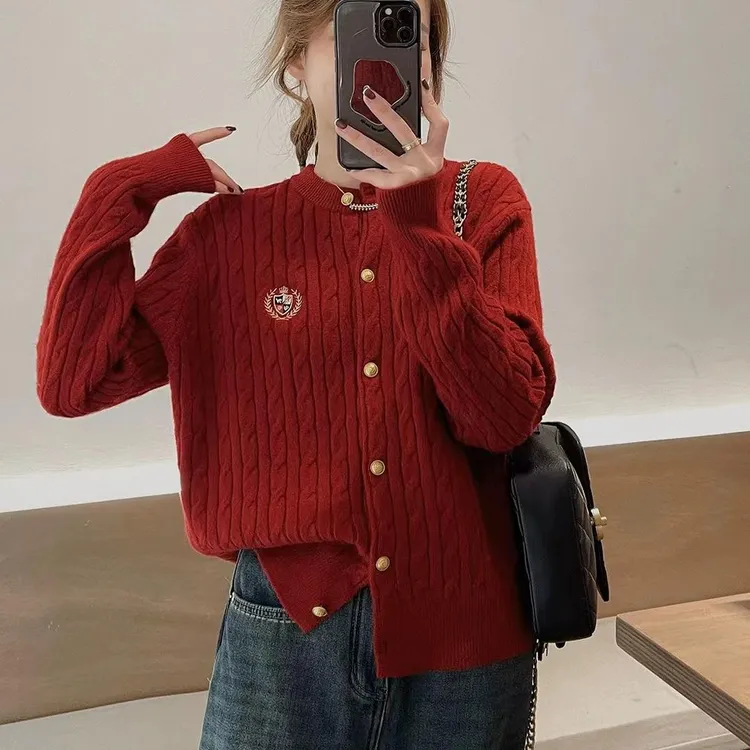 刺绣麻花针织开衫女秋冬百搭圆领长袖毛衣外套上衣