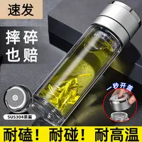 新款高档一键开盖双层男士玻璃杯茶水分离水杯车载泡茶杯防摔防爆