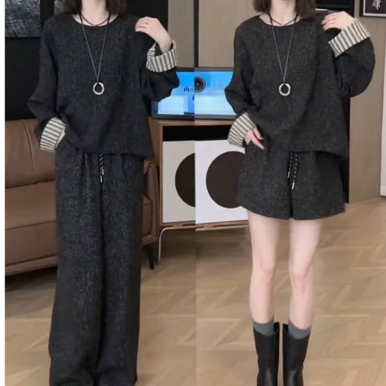 一整套早秋穿搭2024女装圆领上衣阔腿裤两件套时尚减龄显瘦套装