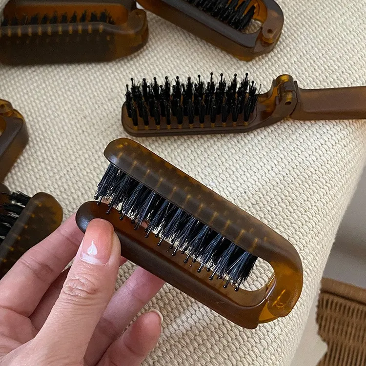 复古蜜蜡琥珀折叠式猪鬃毛梳子便携旅行梳直蓬松两用梳随身小梳子