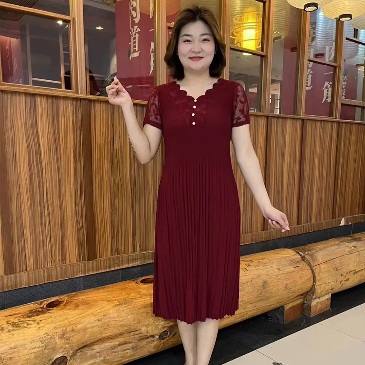 中年妈妈装短袖连衣裙女2024夏季新款洋气百搭显瘦中长款纯色裙子