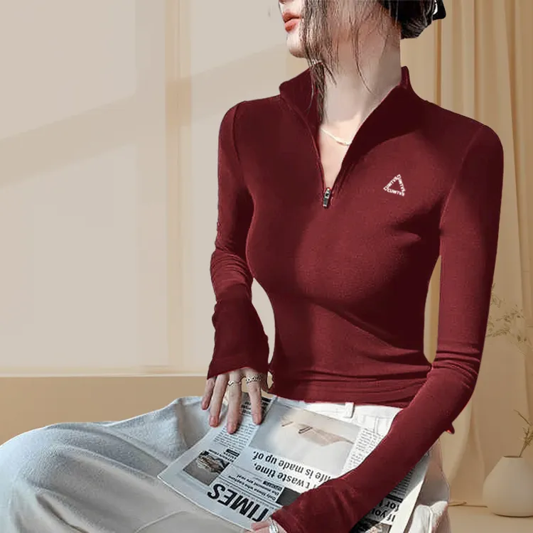 半高领时尚打底衫女长袖拉链字母刺绣秋冬T恤上衣显瘦2025新款